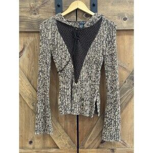 Vintage 90s Y2K Brown Knit Women’s Sz M Bell Sleeve Pullover Hooded Sweater